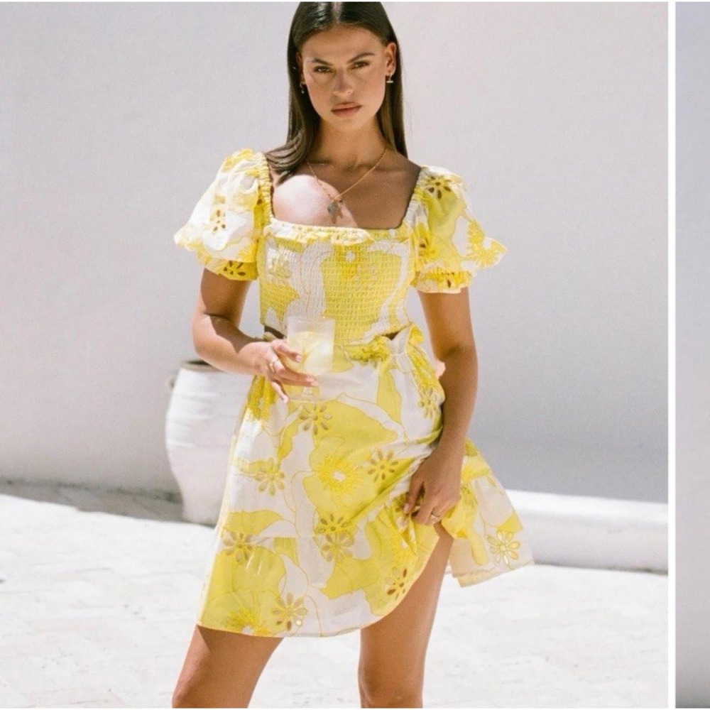 Sabo XL Mariz Shirred Dress Puff Sleeve Cottagecore Smocked Yellow Floral Eyelet